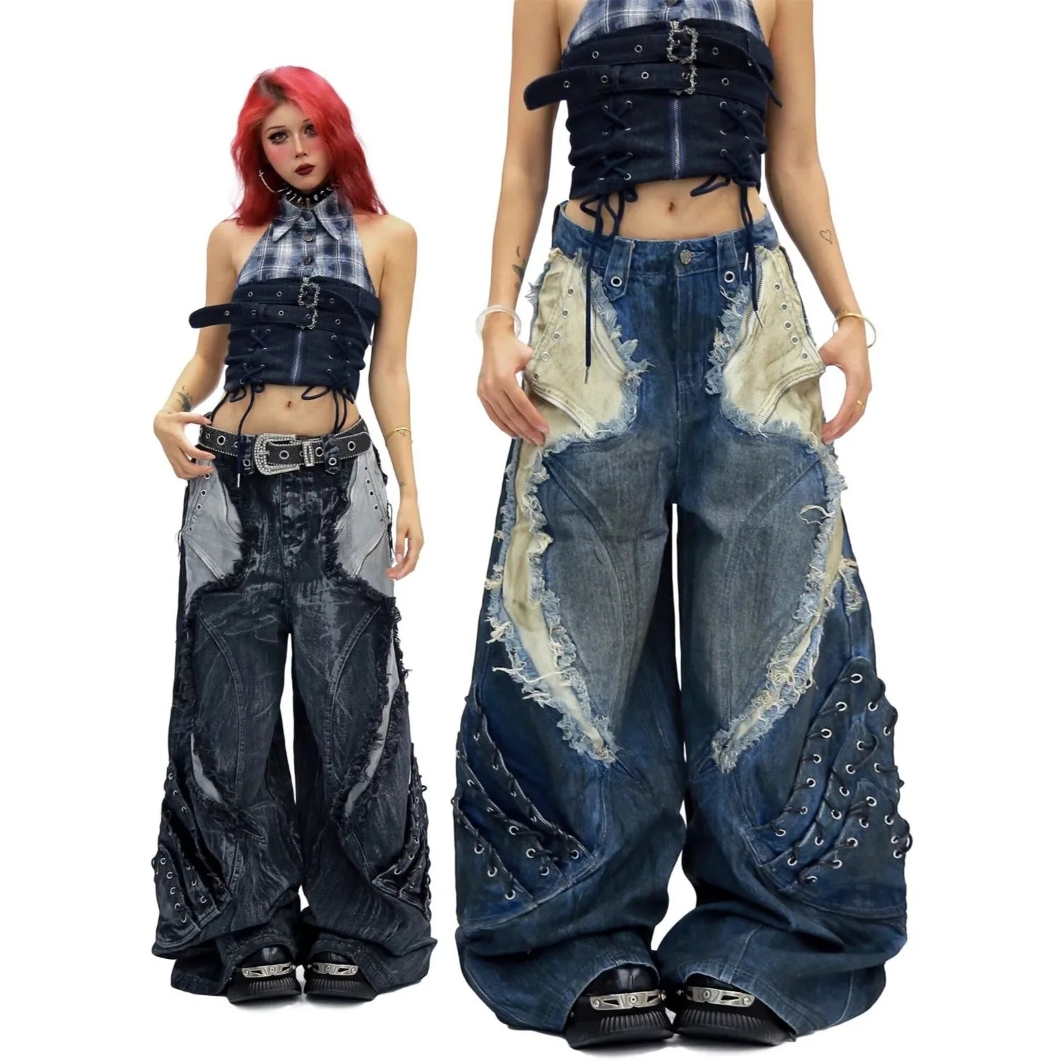 Abandoned soil style vintage ripped jeans for women autumn American design, loose and hanging straight leg wide leg pants