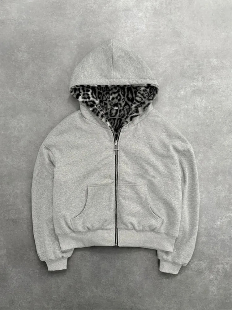 Men's Leopard Print Double Zipper Hoodie - Grey Streetwear
