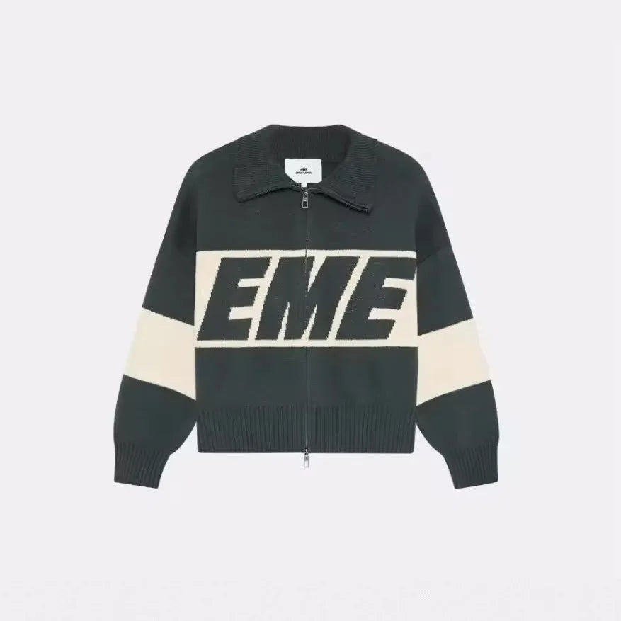 Eme Retro Original Style Color Contrast Letter Knitted Cardigan Y2k American Casual Zipper Sweater For Men And Women
