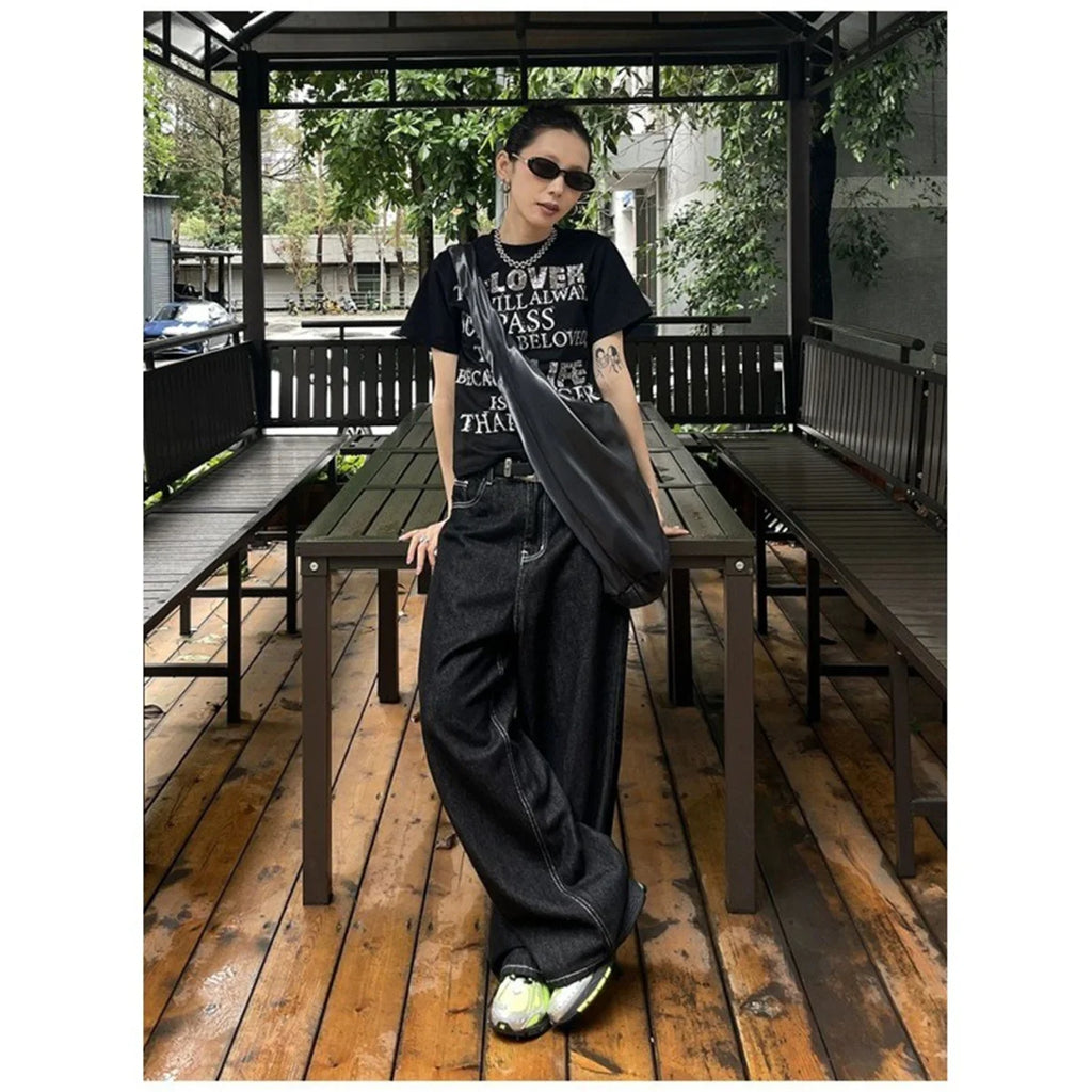 Women's Vintage Embroidered Black Baggy Jeans - Y2K Streetwear