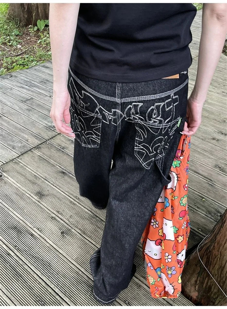 Women's Vintage Embroidered Black Baggy Jeans - Y2K Streetwear