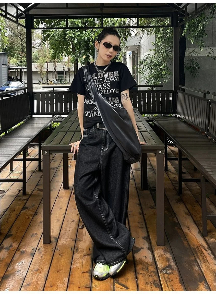 Women's Vintage Embroidered Black Baggy Jeans - Y2K Streetwear